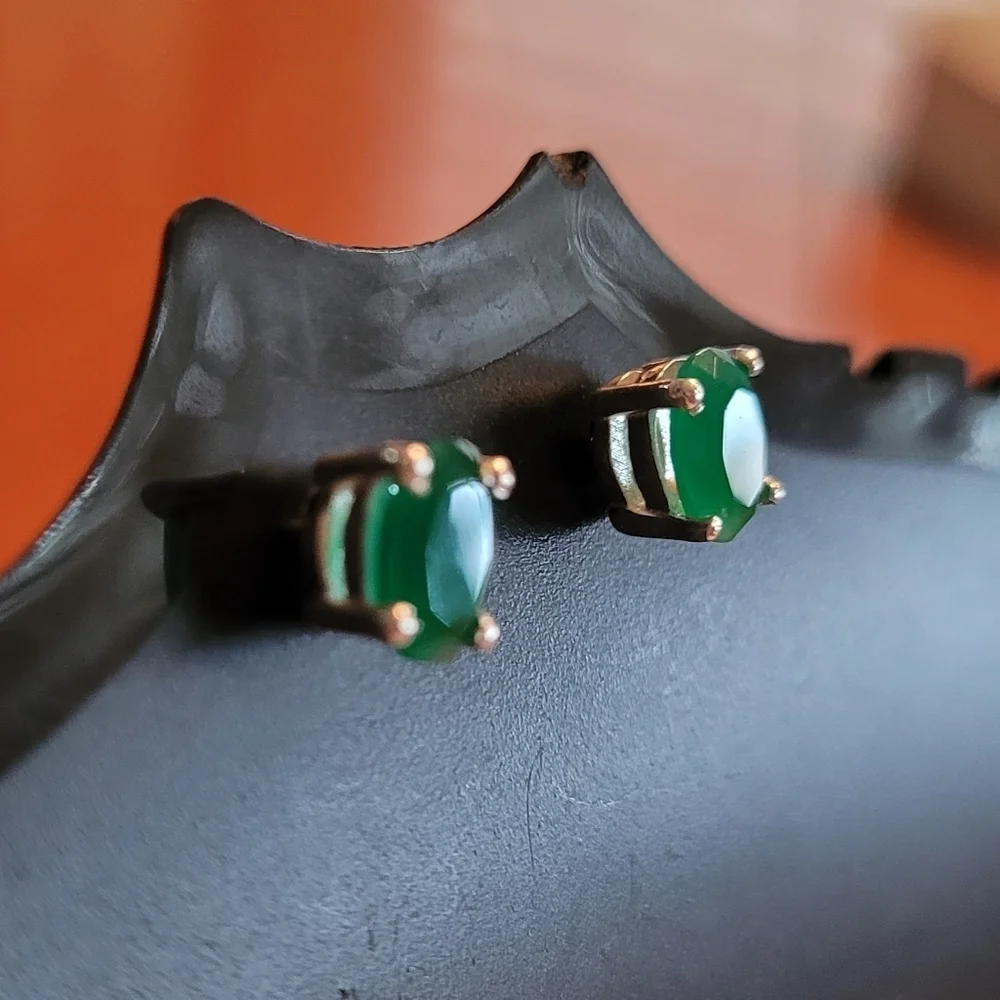 Green Onyx Oval‎ Stud Earrings 925 Sterling Silver Minimalist Gemstone Jewelry